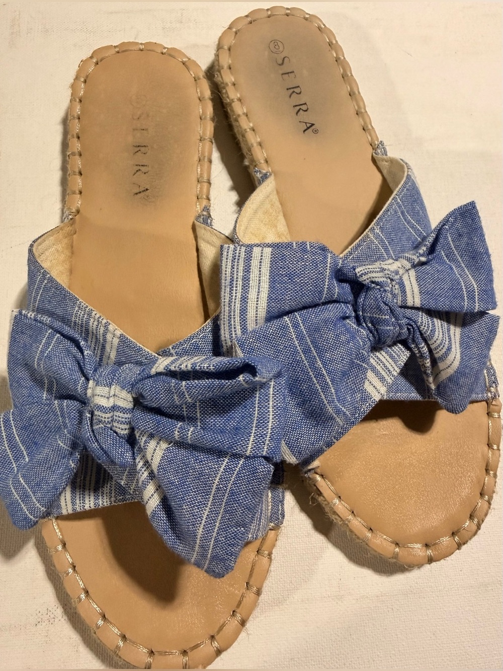Serra Blue Striped Bow Espadrille Slide Sandals Size-8